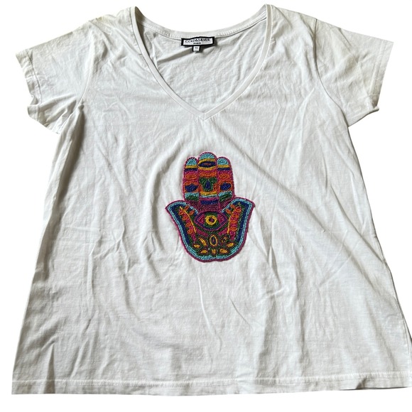 Gold & Silver Paris Tops - Gold & Silver Paris‎ White V-Neck T-Shirt Beaded Hamsa Hand Boho Festival Top